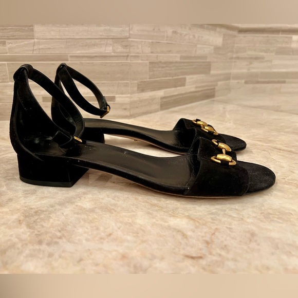 Gucci Shoes Flats Sandals Size 39.5 (US 9.5) Black Suede Leather with Gold Logo - Picture 2 of 15